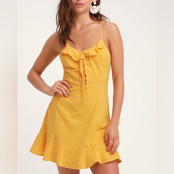 Lulus Here To Dance Yellow Lace-Up Mini Dress. New With Tags. - Picture 3 of 12